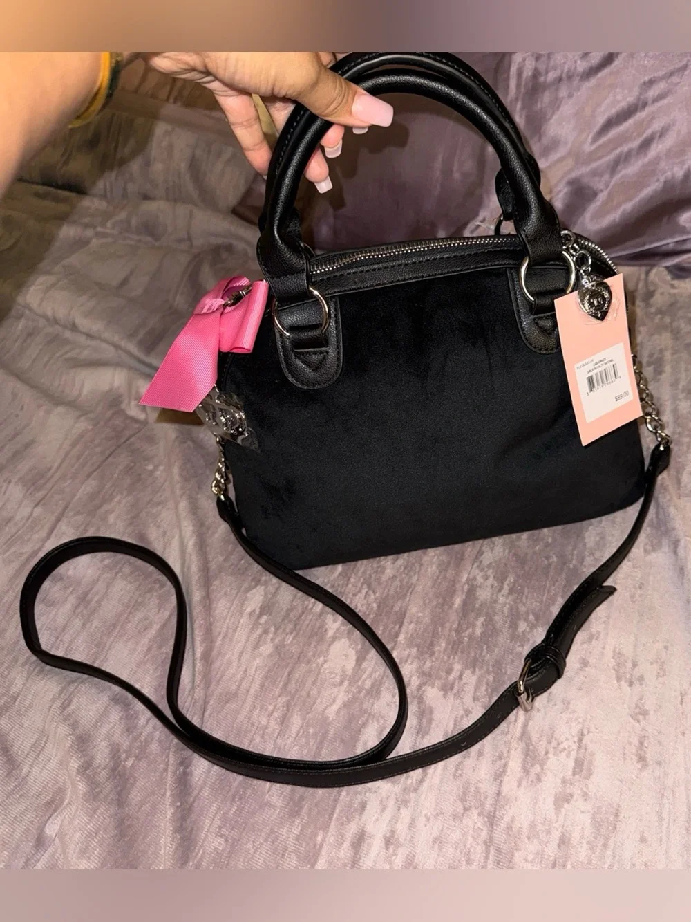 Y2K Juicy Couture Black Velvet Satchel with Pink Bow Charm